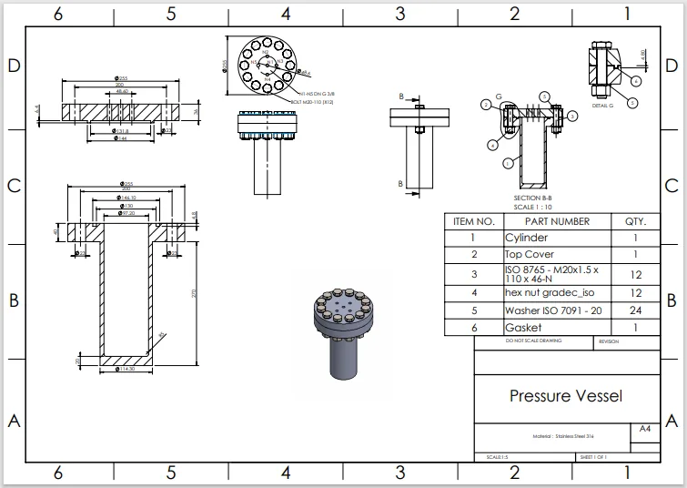 Technical engineering blueprint showing detailed vessel design